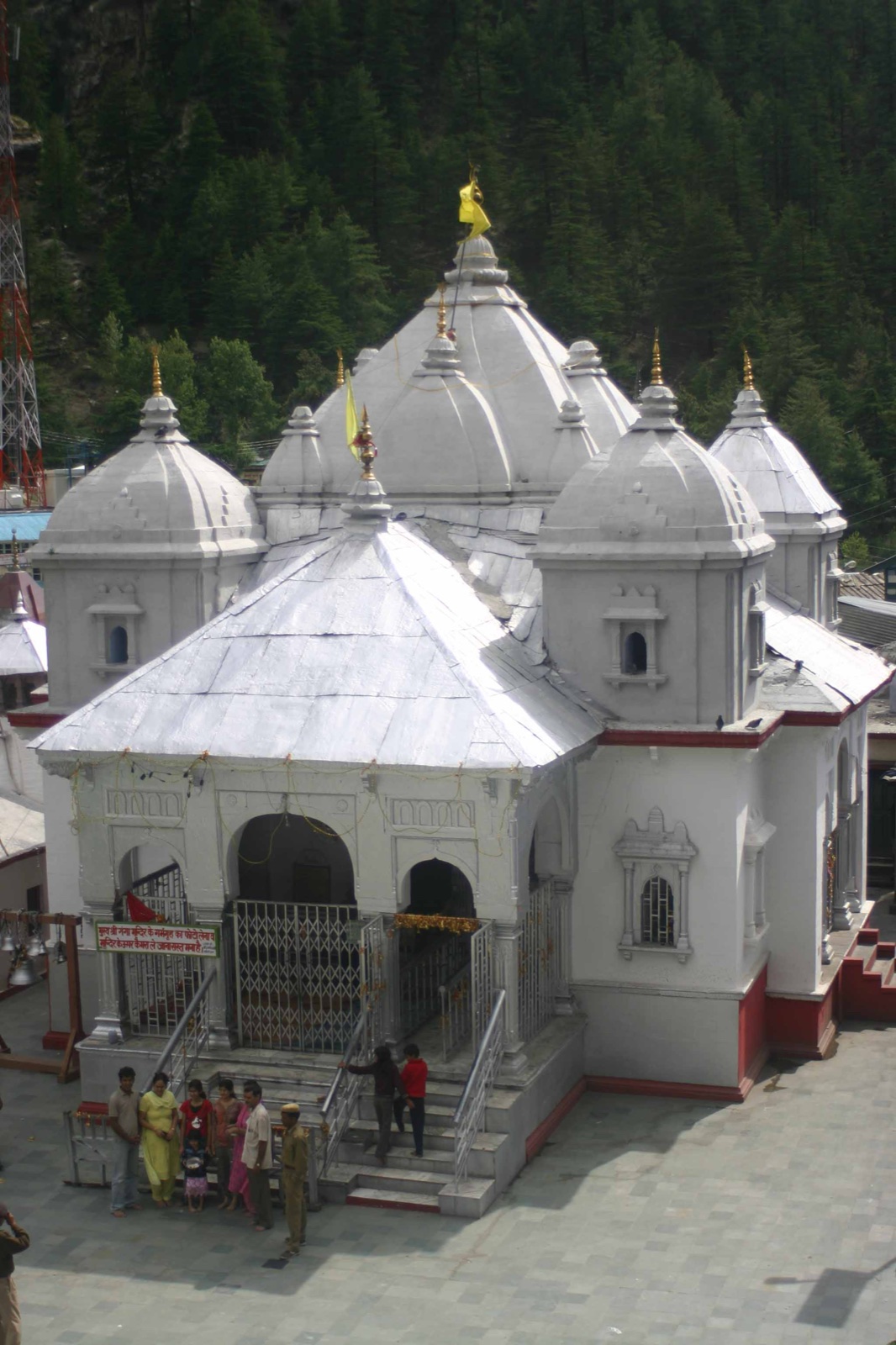The white-marble Gangotri temple beside the Bhagirathi river